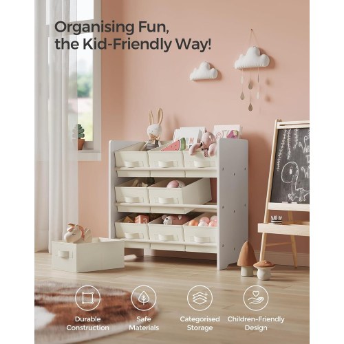 Legetøjsreol med stofkasser 3 niveauer, 9 kasser, Cloud White, 29,5 × 62,5 × 60 cm