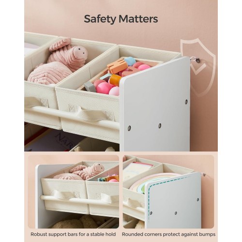 Legetøjsreol med stofkasser 3 niveauer, 9 kasser, Cloud White, 29,5 × 62,5 × 60 cm