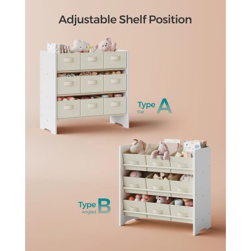 Legetøjsreol med stofkasser 3 niveauer, 9 kasser, Cloud White, 29,5 × 62,5 × 60 cm