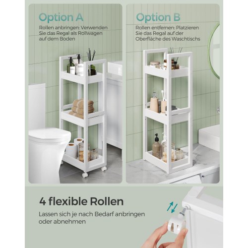 Rullebord til badeværelse smal hylde på hjul, 3-etagers opbevaring, bambus, 20 × 30 × 80 cm, hvid