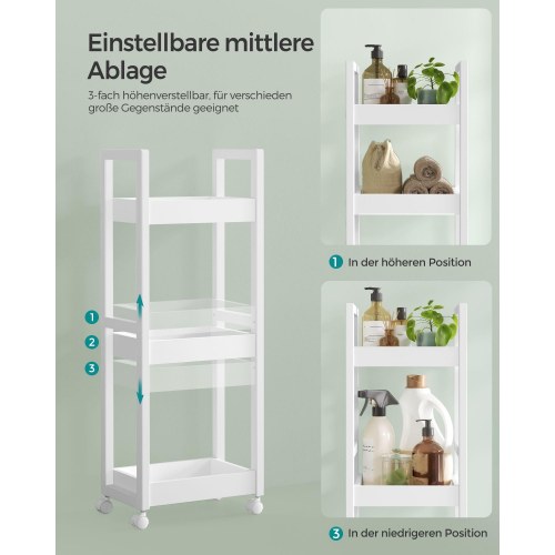 Rullebord til badeværelse smal hylde på hjul, 3-etagers opbevaring, bambus, 20 × 30 × 80 cm, hvid