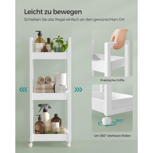 Rullebord til badeværelse smal hylde på hjul, 3-etagers opbevaring, bambus, 20 × 30 × 80 cm, hvid