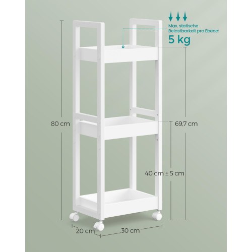 Rullebord til badeværelse smal hylde på hjul, 3-etagers opbevaring, bambus, 20 × 30 × 80 cm, hvid