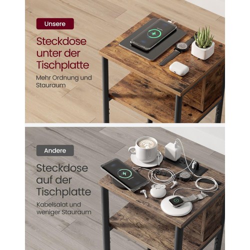 Sengebord/sidebord med stik smalt, 2 AC + 2 USB, 30 × 34 × 58 cm, vintage brun/sort