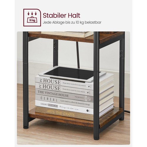 Sengebord/sidebord med stik smalt, 2 AC + 2 USB, 30 × 34 × 58 cm, vintage brun/sort