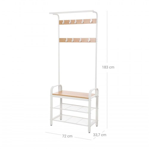 Tøjstativ med bænk og skohylder 4-i-1, 72 × 33,7 × 183 cm, eg/creme, 9 aftagelige kroge og bøjlestang