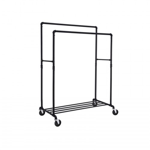 Tøjstativ på hjul industrielt rørdesign, dobbelt bøjlestang, metal med hylde, 110 kg, sort