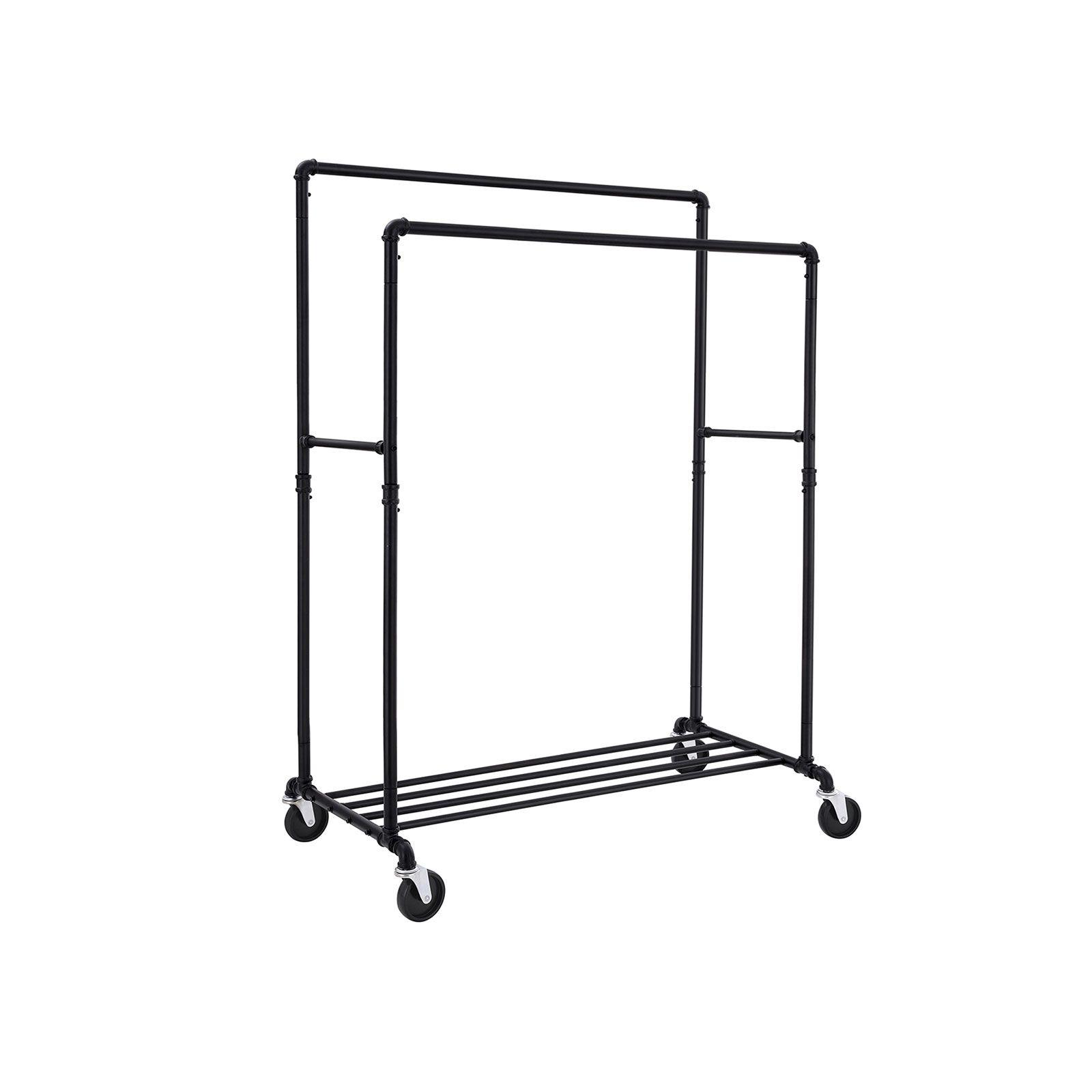 Tøjstativ på hjul industrielt rørdesign, dobbelt bøjlestang, metal med hylde, 110 kg, sort