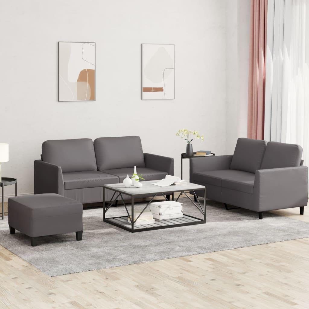 Sofasæt i kunstlæder - 3 dele med hynder, grå