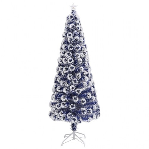 Kunstigt juletræ med lys 210 cm fiberoptisk hvid og blå