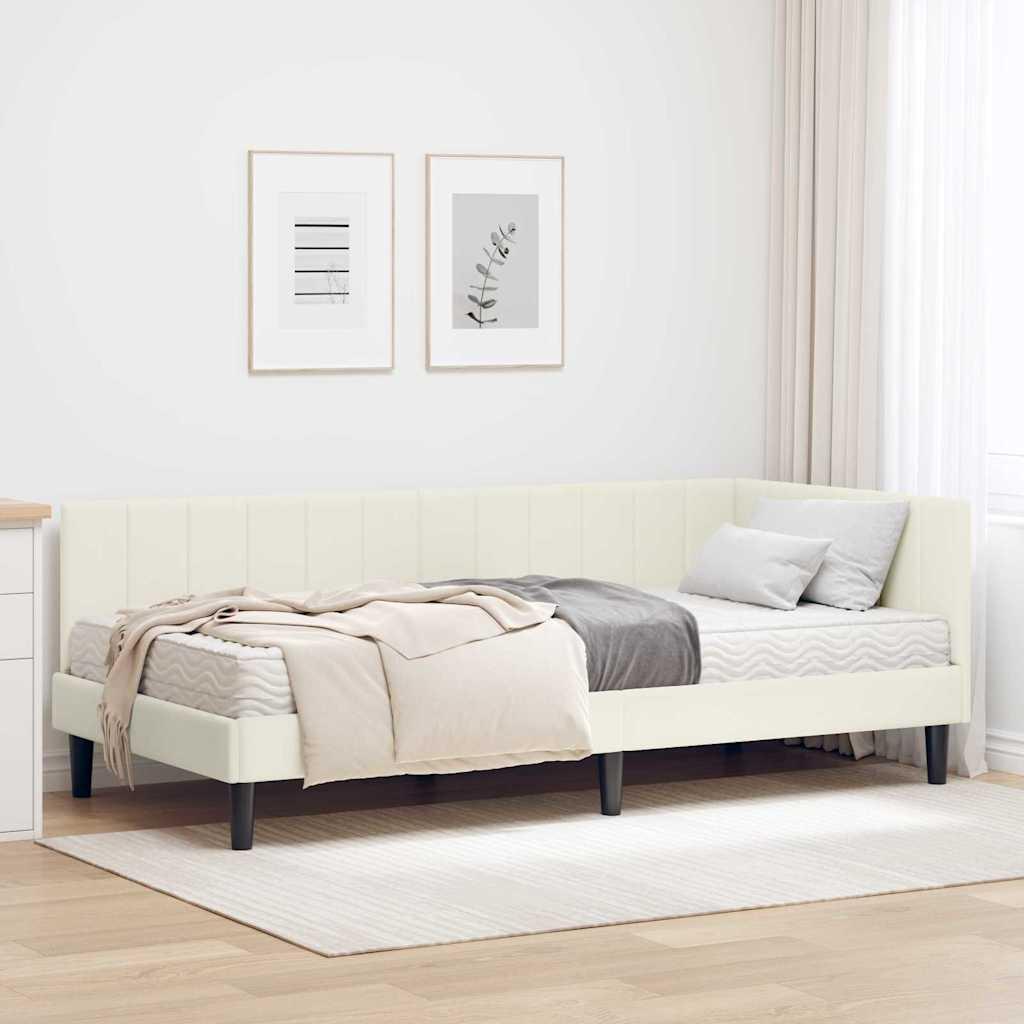 Hjørneseng med madras og polstret hovedgærde - creme fløjl, 90x200 cm