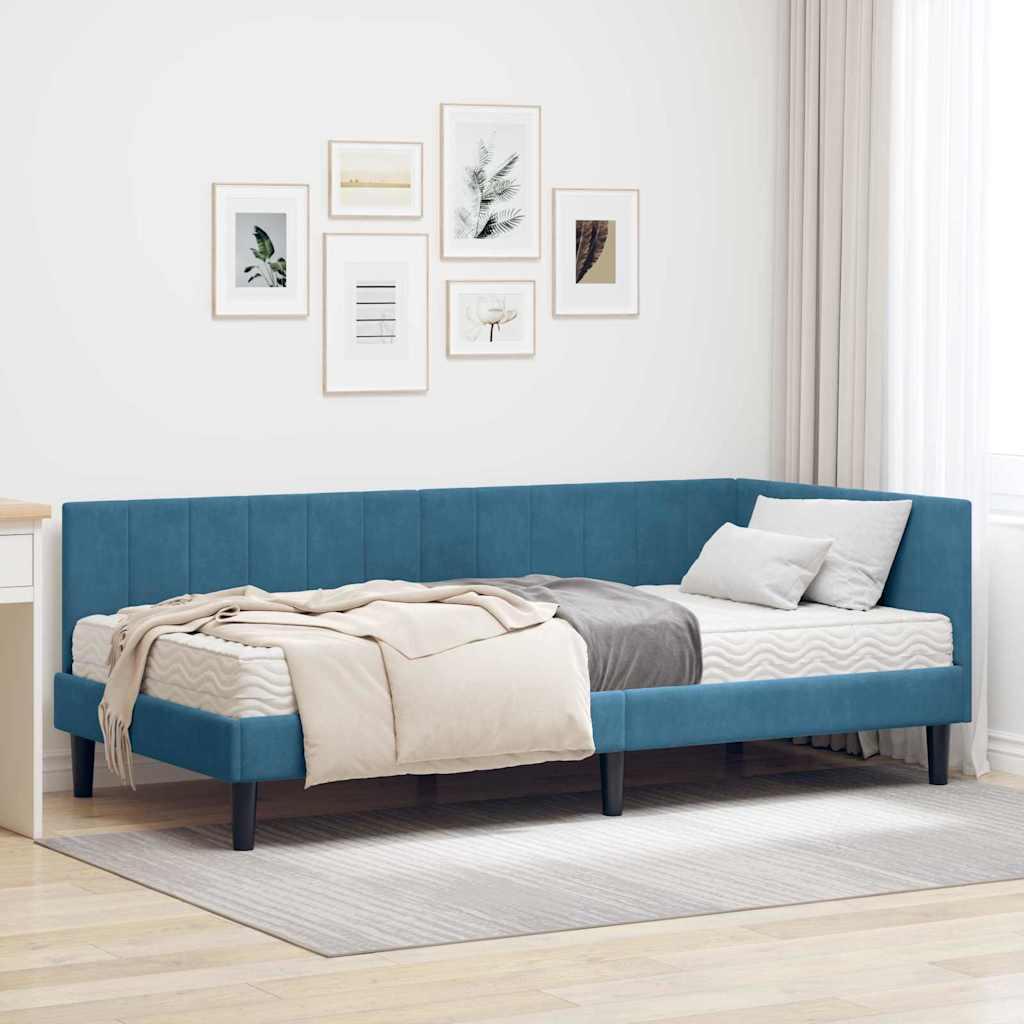 Hjørnesengramme Med Madras Med Hovedgærde Blå 90 X 190 Cm Fløjl