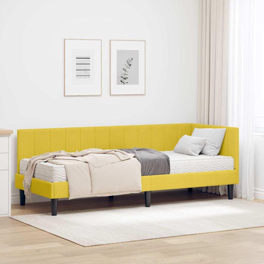 Hjørneseng med madras og hovedgærde - gul fløjl, 80 × 200 cm