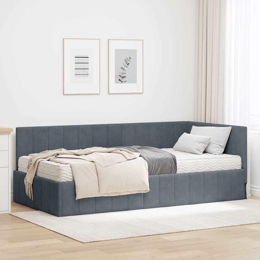 Hjørnesengramme Med Madras Mørkegrå 100 X 200 Cm Fløjl