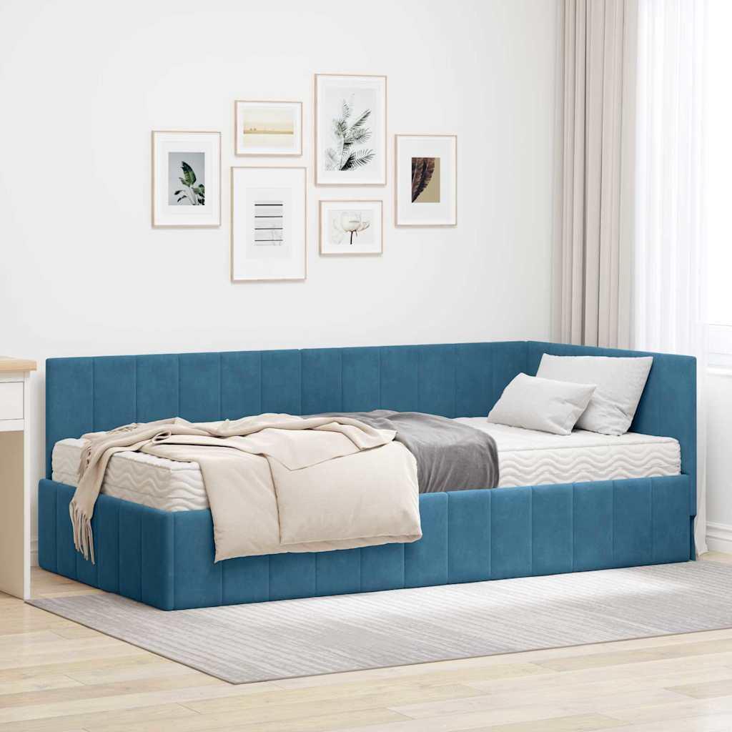 Hjørnesengramme Med Madras Med Hovedgærde Blå 90 X 200 Cm Fløjl