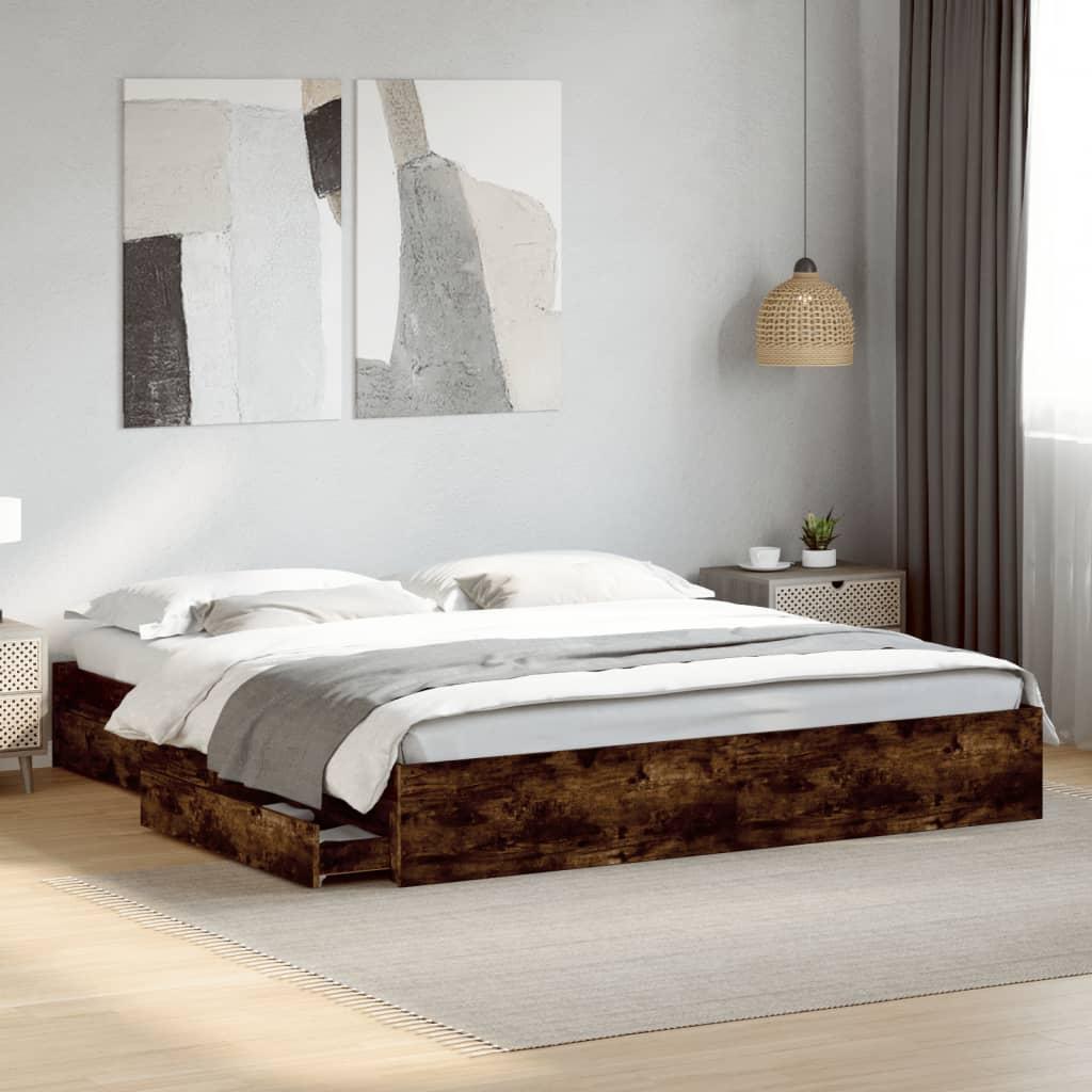 Sengeramme med skuffer 180x200 cm konstrueret træ røget eg