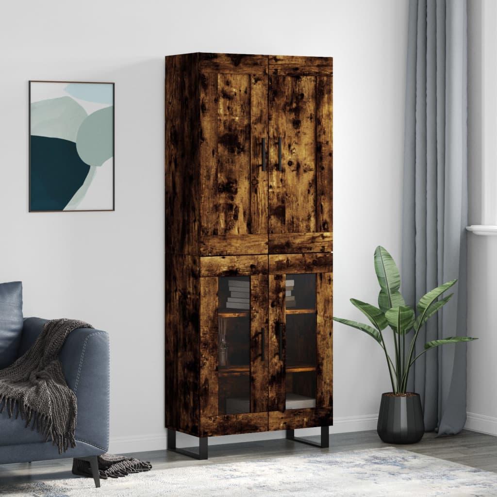 Highboard 69,5 X 34 X 180 Cm Konstrueret Træ - Røget eg / 2 glaslåger