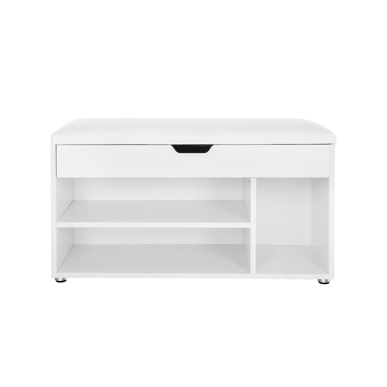 Skobænk med opbevaring hvid, 2 hylder og skjult rum, polstret sæde, 80×30×44 cm