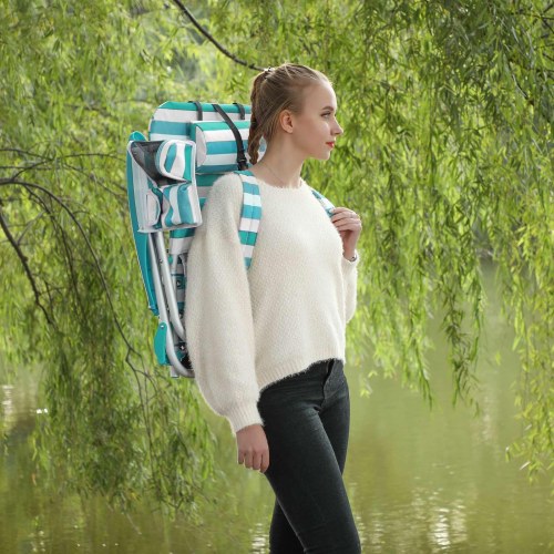 Solstol foldbar strandstol med ryglæn, nakkepude og lommer, grøn/hvid