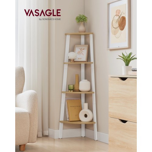 Hjørnereol 4 niveauer stigehylde, bogreol/plantestand, natur eg & mat hvid