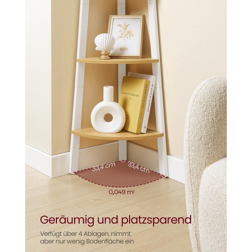 Hjørnereol 4 niveauer stigehylde, bogreol/plantestand, natur eg & mat hvid