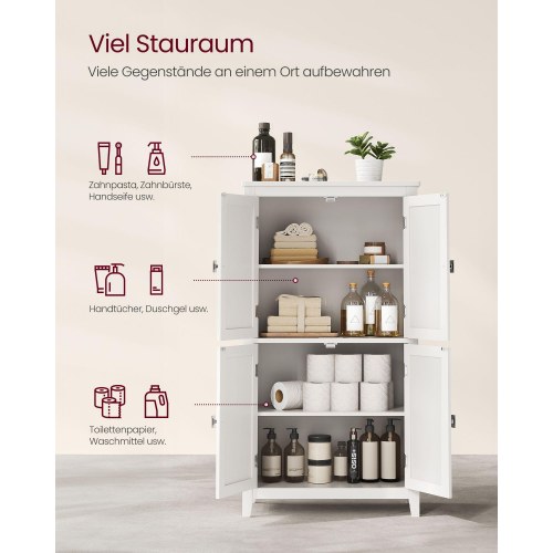 Opbevaringsskab til badeværelse fritstående skab med 4 døre og justerbare hylder, hvid (30 × 60 × 110 cm)