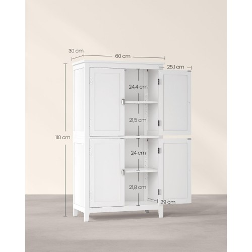 Opbevaringsskab til badeværelse fritstående skab med 4 døre og justerbare hylder, hvid (30 × 60 × 110 cm)