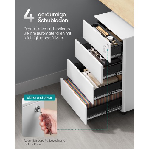 Arkivskab på hjul aflåseligt, 4 skuffer, forsamlet, 39 × 45 × 69,3 cm, Cloud White