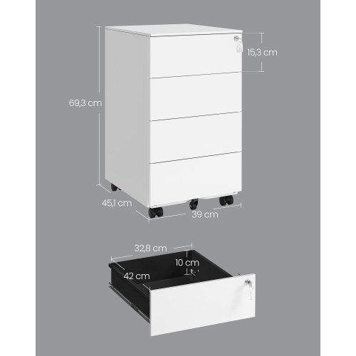 Arkivskab på hjul aflåseligt, 4 skuffer, forsamlet, 39 × 45 × 69,3 cm, Cloud White