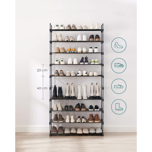 Skoreol 10 niveauer LSA10BK, slank metal skohylde, 30 × 94 × 206 cm, sort