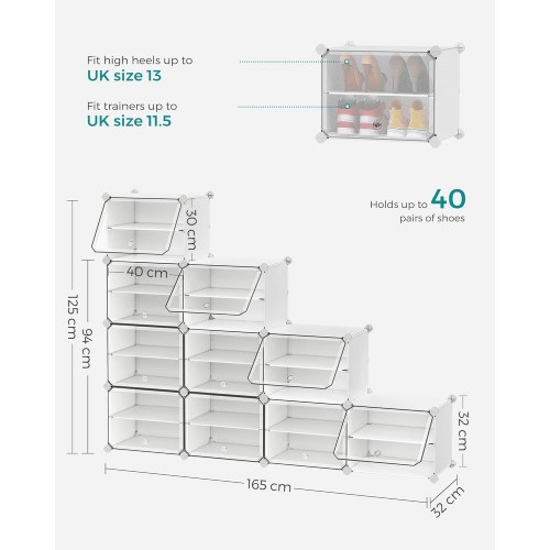 Skoreol med låger modulært skoskab, 10 rum, hvid