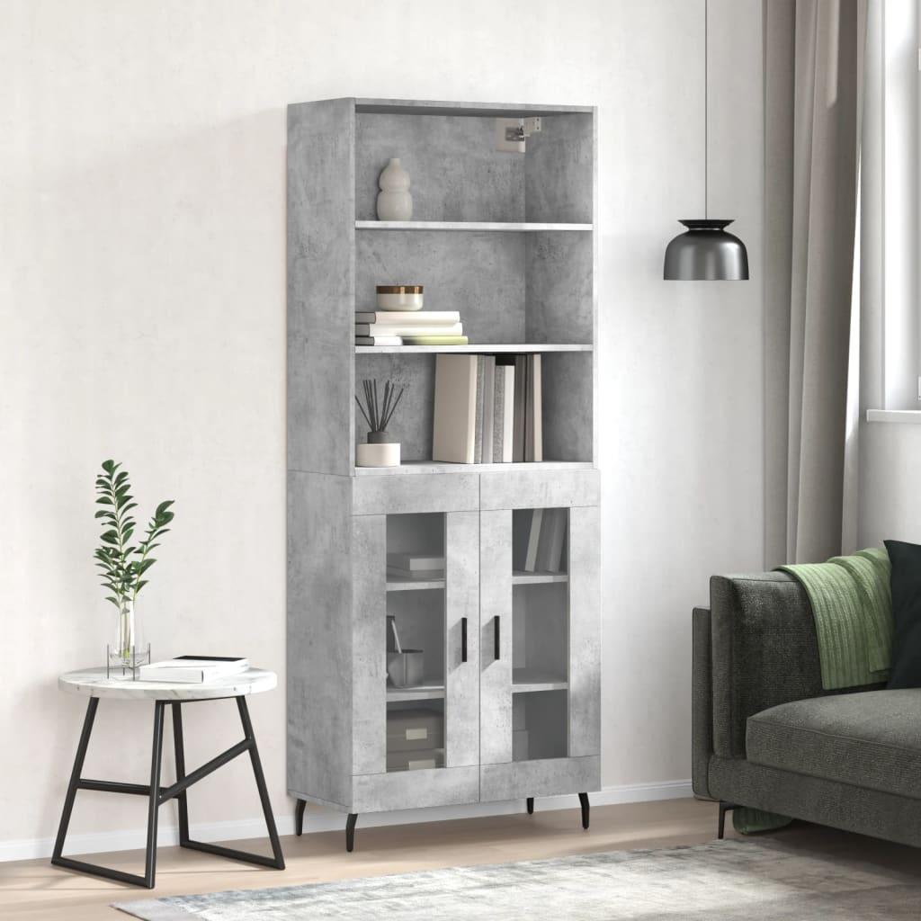 Højskab 69,5X34X180 Cm Konstrueret Træ - Betongrå / 2 glaslåger