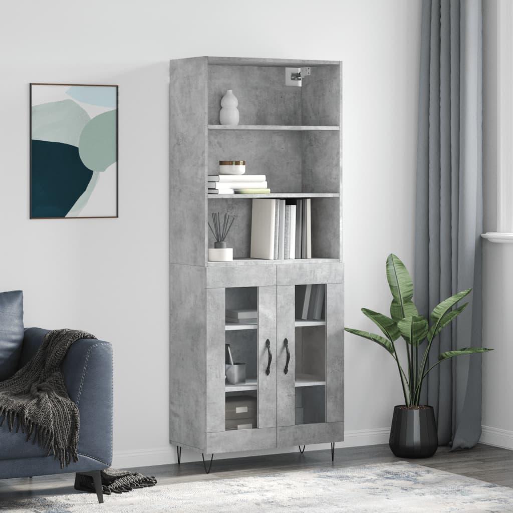 Højskab 69,5X34X180 Cm Konstrueret Træ - Betongrå / 2 glaslåger