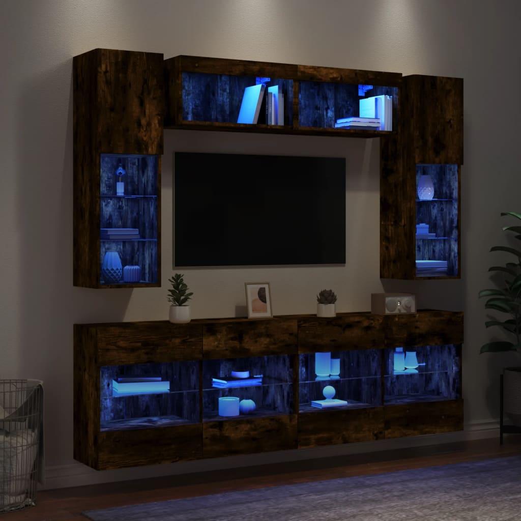 Væghængt tv-møbel i 6 dele med RGB LED - røget egetræsfarve