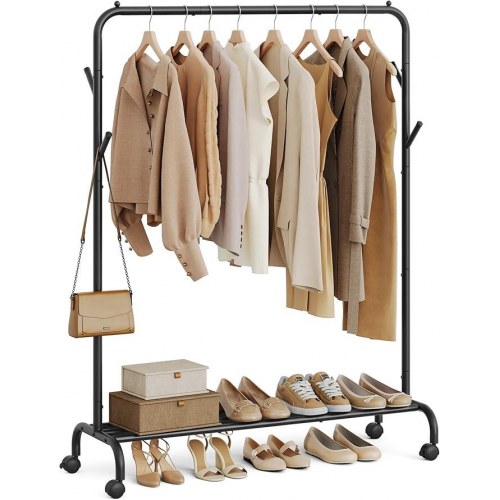 Tøjstativ med hjul kraftigt metal, 103,5 cm, hylde, sort