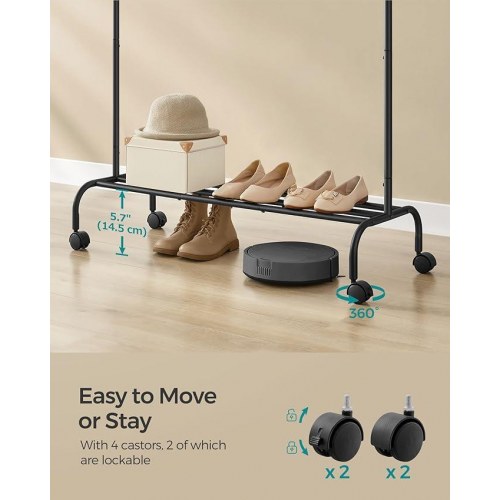 Tøjstativ med hjul kraftigt metal, 103,5 cm, hylde, sort