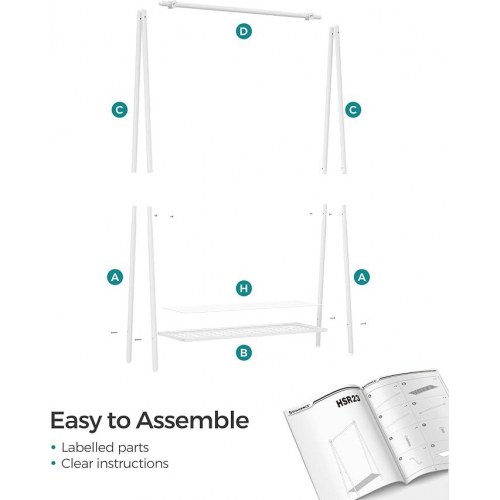 Tøjstativ SONGMICS – garderobestativ med bøjlestang og hylde, stål, 33,5 × 92,5 × 153 cm, hvid