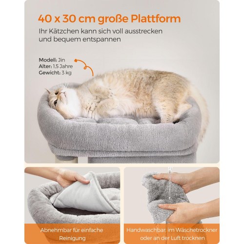 Kattetræ – FEANDREA, 67 cm kradsetræ med 2 huler, stor liggeplads, til killinger op til 3 kg, lysegrå