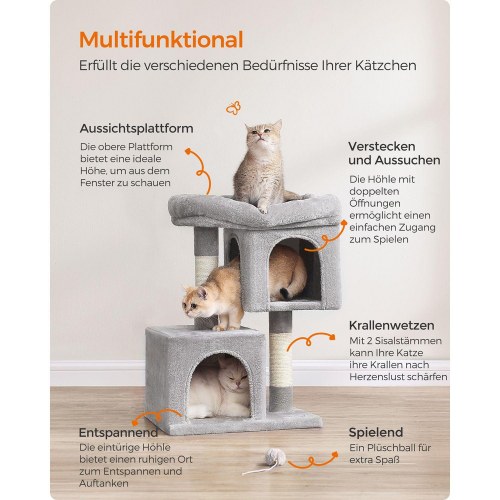 Kattetræ – FEANDREA, 67 cm kradsetræ med 2 huler, stor liggeplads, til killinger op til 3 kg, lysegrå