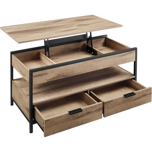 Sofabord med løftelåg – VASAGLE, skuffer, skjulte rum og åben hylde, camelbrun/sort (LCT209K02)