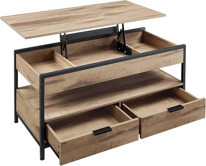 Sofabord med løftelåg – VASAGLE, skuffer, skjulte rum og åben hylde, camelbrun/sort (LCT209K02)