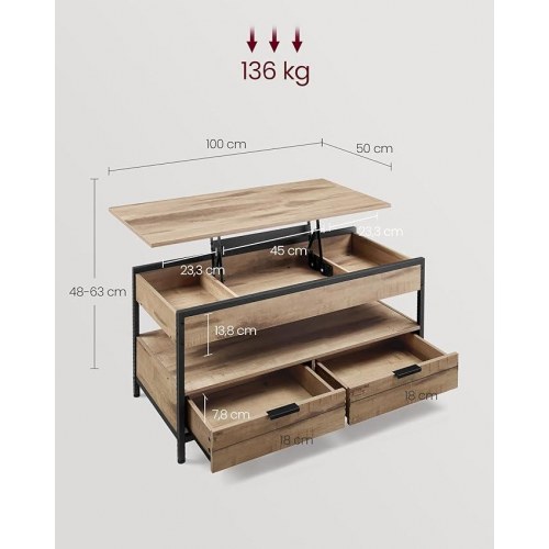Sofabord med løftelåg – VASAGLE, skuffer, skjulte rum og åben hylde, camelbrun/sort (LCT209K02)