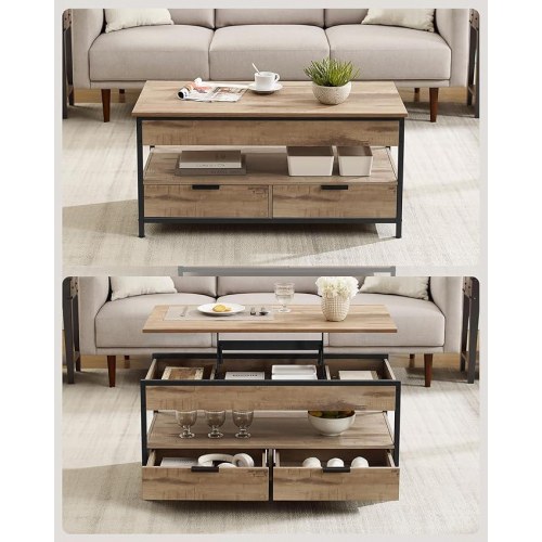 Sofabord med løftelåg – VASAGLE, skuffer, skjulte rum og åben hylde, camelbrun/sort (LCT209K02)