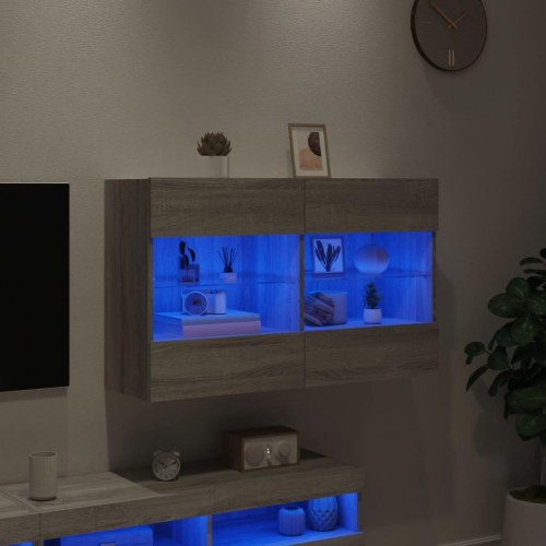 Væghængt tv-bord m. LED-lys 98,5x30x60,5 cm grå sonoma-eg