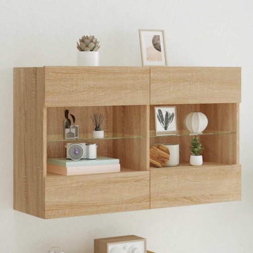 Væghængt tv-bord med LED-lys 98,5 x 30 x 60,5 cm - sonoma-eg
