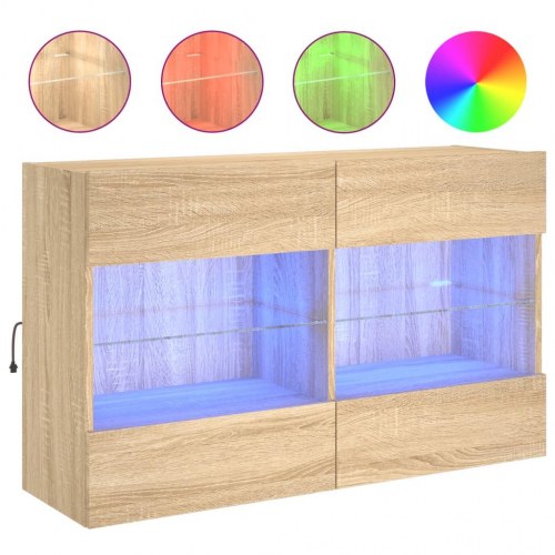 Væghængt tv-bord med LED-lys 98,5 x 30 x 60,5 cm - sonoma-eg