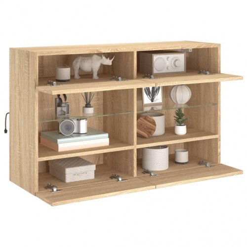 Væghængt tv-bord med LED-lys 98,5 x 30 x 60,5 cm - sonoma-eg
