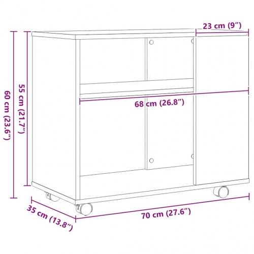 Sidebord på hjul - sort egetræslook, 70×35×60 cm, konstrueret træ
