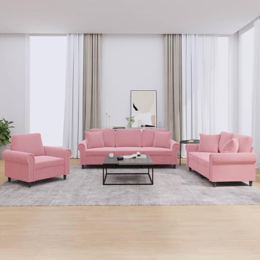 Sofasæt i velour med puder, 3 dele - lyserød