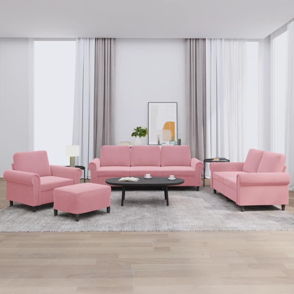 Sofasæt i velour - 4 dele med hynder, lyserød